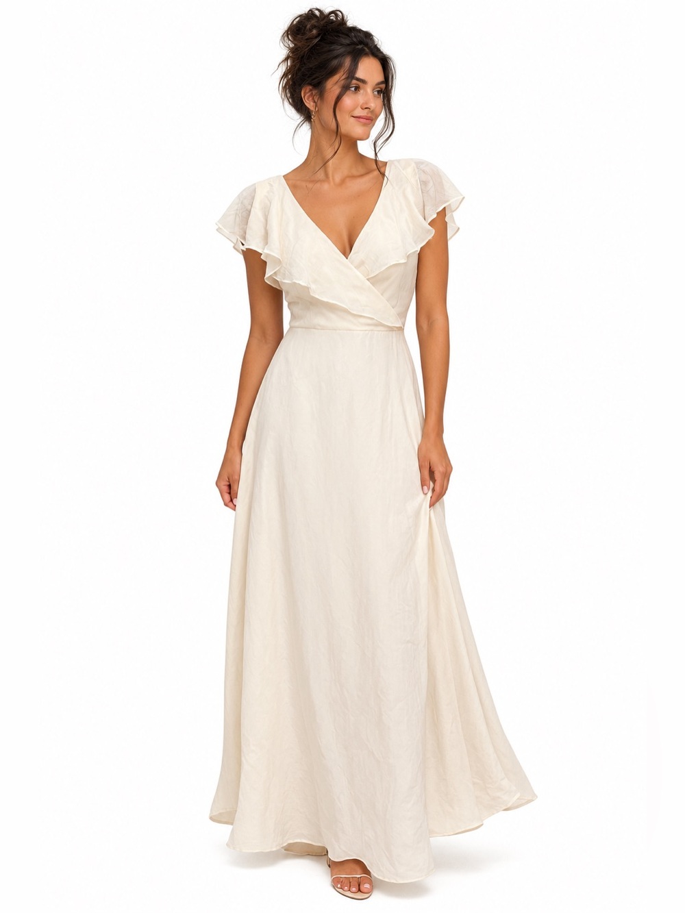 NWT Birdy Grey Cream Ruffle Wrap Maxi Bridesmaid Dress XL possibly altered